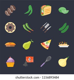Set Of 16 icons such as Onion, Whisk, Seeds, Cupcake, Risotto, Coffee, Doughnut, Pie, Knives on black background, web UI editable icon pack