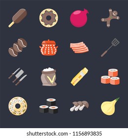 Set Of 16 icons such as Onion, Mushrooms, Sushi, Doughnut, Ice cream, Coffee, Knives, Bacon on black background, web UI editable icon pack