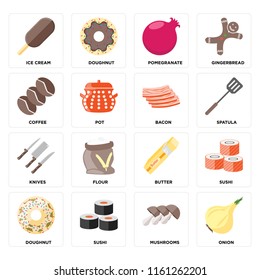 Set Of 16 icons such as Onion, Mushrooms, Sushi, Doughnut, Ice cream, Coffee, Knives, Bacon, web UI editable icon pack, pixel perfect