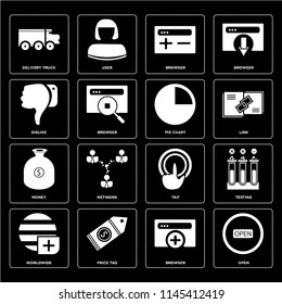 Set Of 16 icons such as Open, Browser, Price tag, Worldwide, Testing, Delivery truck, Dislike, Money, Pie chart, web UI editable icon pack, pixel perfect