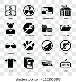 Set Of 16 icons such as Open, Mall, Atm, Shirt, Gun, Money, Girl, Glasses, Fast food on transparent background, pixel perfect