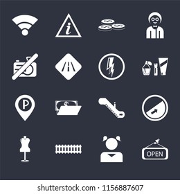 Set Of 16 icons such as Open, Girl, Train, Mannequin, Slope, Wifi, No camera, Parking, Electricity on black background, web UI editable icon pack