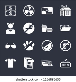 Set Of 16 icons such as Open, Mall, Atm, Shirt, Gun, Money, Girl, Glasses, Fast food on black background, web UI editable icon pack
