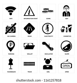 Set Of 16 icons such as Open, Girl, Train, Mannequin, Slope, Wifi, No camera, Parking, Electricity, web UI editable icon pack, pixel perfect