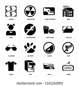 Set Of 16 icons such as Open, Mall, Atm, Shirt, Gun, Money, Girl, Glasses, Fast food, web UI editable icon pack, pixel perfect