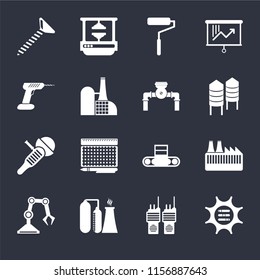 Set Of 16 icons such as Options, Walkie talkie, Refinery, Industrial robot, Factory, Screw, Drill, Sanding machine, Pump on black background, web UI editable icon pack