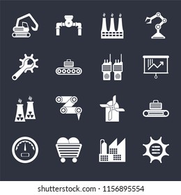 Set Of 16 icons such as Options, Factory, Coal, Gauge, Conveyor, Digger, Maintenance, Nuclear plant, Walkie talkie on black background, web UI editable icon pack