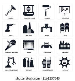 Set Of 16 icons such as Options, Walkie talkie, Refinery, Industrial robot, Factory, Screw, Drill, Sanding machine, Pump, web UI editable icon pack, pixel perfect