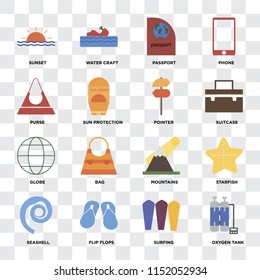 Set Of 16 icons such as Oxygen tank, Surfing, Flip flops, Seashell, Starfish, Sunset, Purse, Globe, Pointer on transparent background, pixel perfect