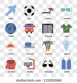 Set Of 16 icons such as Oxygen, Sunglasses, Snorkel, Backpack, Check in, Plane, Travel, Sunset, Elevator on transparent background, pixel perfect