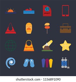 Set Of 16 icons such as Oxygen tank, Surfing, Flip flops, Seashell, Starfish, Sunset, Purse, Globe, Pointer on black background, web UI editable icon pack