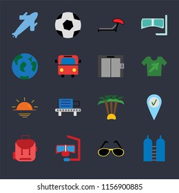 Set Of 16 icons such as Oxygen, Sunglasses, Snorkel, Backpack, Check in, Plane, Travel, Sunset, Elevator on black background, web UI editable icon pack