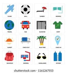 Set Of 16 icons such as Oxygen, Sunglasses, Snorkel, Backpack, Check in, Plane, Travel, Sunset, Elevator, web UI editable icon pack, pixel perfect