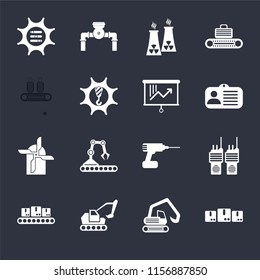 Set Of 16 icons such as Packages, Digger, Excavator, Conveyor, Walkie talkie, Options, Mill, Planning on black background, web UI editable icon pack