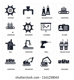 Set Of 16 icons such as Packages, Digger, Excavator, Conveyor, Walkie talkie, Options, Mill, Planning, web UI editable icon pack, pixel perfect