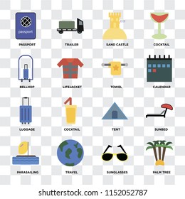 Set Of 16 icons such as Palm tree, Sunglasses, Travel, Parasailing, Sunbed, Passport, Bellhop, Luggage, Towel on transparent background, pixel perfect