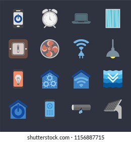 Set Of 16 icons such as Panel, Leak, Remote, Smart home, Deep, Smartphone, Switch, Mobile, Wireless on black background, web UI editable icon pack