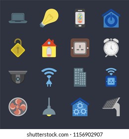 Set Of 16 icons such as Panel, Smart home, Lighting, Fan, Socket, Laptop, Locked, Security camera, Plug on black background, web UI editable icon pack