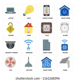 Set Of 16 icons such as Panel, Smart home, Lighting, Fan, Socket, Laptop, Locked, Security camera, Plug, web UI editable icon pack, pixel perfect