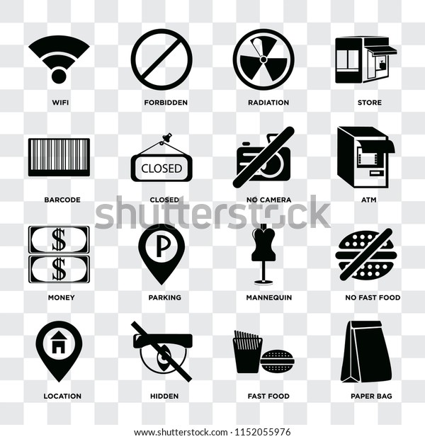 Set Of 16 icons such as Paper bag, Fast food,\
Hidden, Location, No fast Wifi, Barcode, Money, camera on\
transparent background, pixel\
perfect