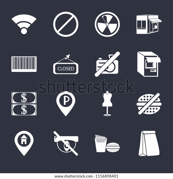 Set Of 16 icons such as Paper bag, Fast food,\
Hidden, Location, No fast Wifi, Barcode, Money, camera on black\
background, web UI editable icon\
pack