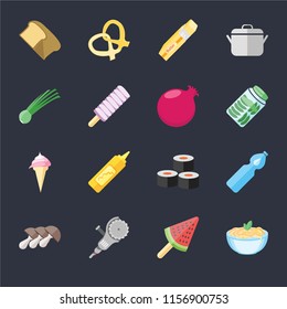 Set Of 16 icons such as Pasta, Ice cream, Grinder, Mushrooms, Water, Bread, Chives, Pomegranate on black background, web UI editable icon pack