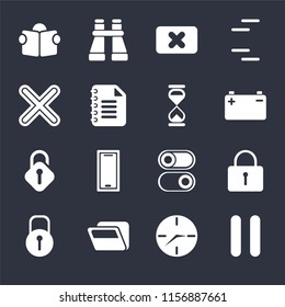Set Of 16 icons such as Pause, Clock, Folder, Locked, Reading, Multiply, Unlocked, Hourglass on black background, web UI editable icon pack