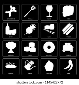 Set Of 16 icons such as Peas, Cupcake, Teapot, Risotto, Toaster, Gingerbread, Dairy, Ice cream, Sushi, web UI editable icon pack, pixel perfect