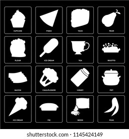 Set Of 16 icons such as Peas, Seeds, Pie, Ice cream, Pot, Cupcake, Flour, Bacon, Tea, web UI editable icon pack, pixel perfect