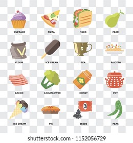 Set Of 16 icons such as Peas, Seeds, Pie, Ice cream, Pot, Cupcake, Flour, Bacon, Tea on transparent background, pixel perfect