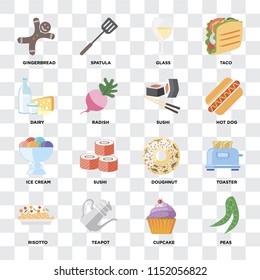 Set Of 16 icons such as Peas, Cupcake, Teapot, Risotto, Toaster, Gingerbread, Dairy, Ice cream, Sushi on transparent background, pixel perfect