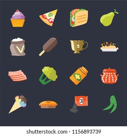 Set Of 16 icons such as Peas, Seeds, Pie, Ice cream, Pot, Cupcake, Flour, Bacon, Tea on black background, web UI editable icon pack