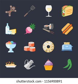 Set Of 16 icons such as Peas, Cupcake, Teapot, Risotto, Toaster, Gingerbread, Dairy, Ice cream, Sushi on black background, web UI editable icon pack