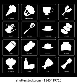 Set Of 16 icons such as Pepper, Ham, Dairy, Ice cream, Toaster, Teapot, Honey, Pancakes, web UI editable icon pack, pixel perfect
