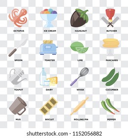 Set Of 16 icons such as Pepper, Rolling pin, Biscuit, Mug, Cucumber, Octopus, Spoon, Teapot, Lime on transparent background, pixel perfect