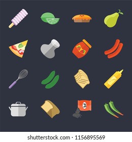 Set Of 16 icons such as Pepper, Seeds, Bread, Pot, Mustard, Ice cream, Pizza, Whisk, Jam on black background, web UI editable icon pack