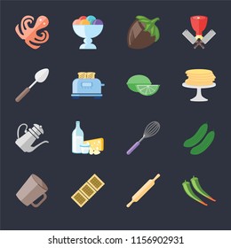 Set Of 16 icons such as Pepper, Rolling pin, Biscuit, Mug, Cucumber, Octopus, Spoon, Teapot, Lime on black background, web UI editable icon pack