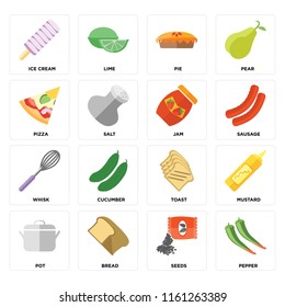 Set Of 16 icons such as Pepper, Seeds, Bread, Pot, Mustard, Ice cream, Pizza, Whisk, Jam, web UI editable icon pack, pixel perfect
