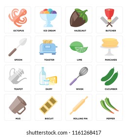 Set Of 16 icons such as Pepper, Rolling pin, Biscuit, Mug, Cucumber, Octopus, Spoon, Teapot, Lime, web UI editable icon pack, pixel perfect