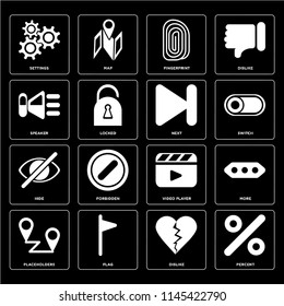 Set Of 16 icons such as Percent, Dislike, Flag, Placeholders, More, Settings, Speaker, Hide, Next, web UI editable icon pack, pixel perfect