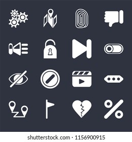 Set Of 16 icons such as Percent, Dislike, Flag, Placeholders, More, Settings, Speaker, Hide, Next on black background, web UI editable icon pack