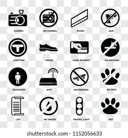 Set Of 16 icons such as Pet, Traffic light, No water, List, pets, Camera, Junction, Restroom, Card payment on transparent background, pixel perfect