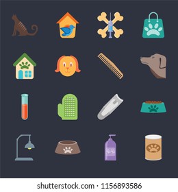 Set Of 16 icons such as Pet food, Shampoo, Dog Lamp, Bowl, Cat, shop, Test tube, Comb on black background, web UI editable icon pack