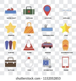 Set Of 16 icons such as Phone, Oxygen tank, Ring, Suitcase, Sun protection, Water craft, Starfish, Surfing, Swimming pool on transparent background, pixel perfect