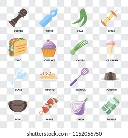 Set Of 16 icons such as Pickles, Onion, Kebab, Bowl, Pudding, Pepper, Taco, Glass, Chives on transparent background, pixel perfect