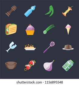 Set Of 16 icons such as Pickles, Onion, Kebab, Bowl, Pudding, Pepper, Taco, Glass, Chives on black background, web UI editable icon pack