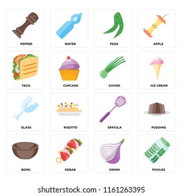 Set Of 16 icons such as Pickles, Onion, Kebab, Bowl, Pudding, Pepper, Taco, Glass, Chives, web UI editable icon pack, pixel perfect