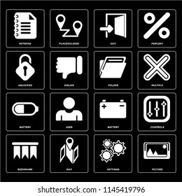 Set Of 16 icons such as Picture, Settings, Map, Bookmark, Controls, Notepad, Unlocked, Battery, Folder, web UI editable icon pack, pixel perfect