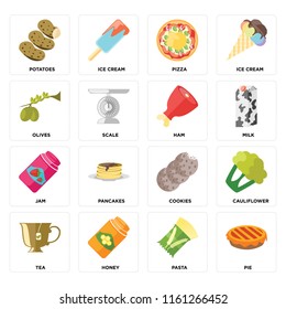 Set Of 16 icons such as Pie, Pasta, Honey, Tea, Cauliflower, Potatoes, Olives, Jam, Ham, web UI editable icon pack, pixel perfect