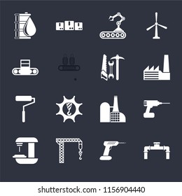 Set Of 16 icons such as Pipe, Drill, Crane, Machine, Oil, Conveyor, Roller, Tools on black background, web UI editable icon pack
